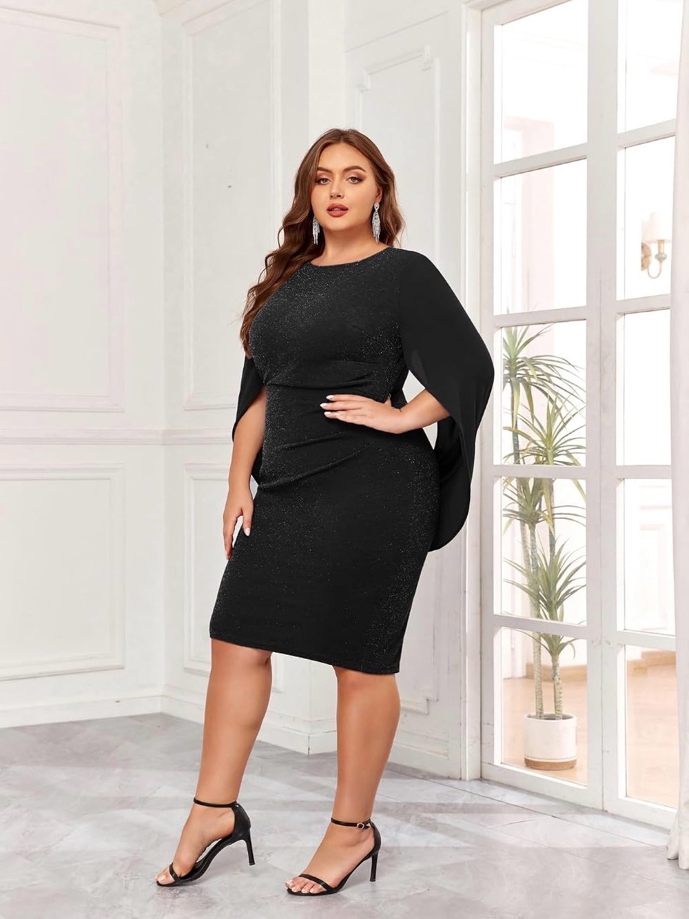 Hanna Nikole, Black Sparkle Cape Sleeve Dress, 20W - Picture 4 of 10